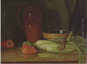 Still Life Of Corn And Peppers On A Table; And Still Life Of A Basket Of Peaches (on The Reverse) by Adam Lehr