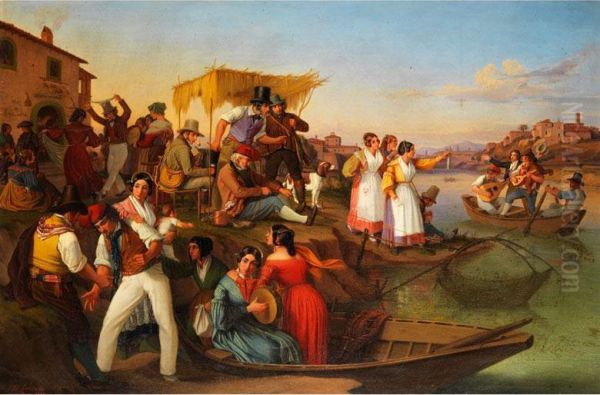 Kunstlervolk Und Fischerfrauen Vor Einerosteria Am Tiberufer - view 1