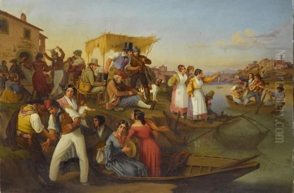Kunstlervolk Und Fischerfrauen Vor Einer Osteria Am Tiberufer - view 1