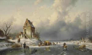 Skaters On A Frozen Lake With A Koek-en-zopie Beyond