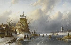 Dutch Winter Landscape With Skaters by Charles Henri Leickert