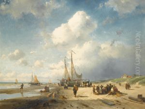 Coastal Scene With Fisherfolk by Charles Henri Leickert