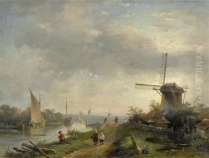 River Landscape With Windmill by Charles Henri Leickert