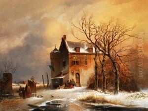 Gebaude Mit Rundturm In Winterlicherlandschaft Mit Figurenstaffage Gebaude Mit Rundturm In Winterlicherlandschaft Mit Figurenstaffage