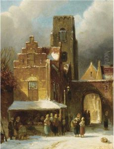 A Busy Day In A Wintry Dutch Town by Charles Henri Leickert