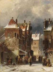 Kleines Hollandisches Stadtchen Im Winter by Charles Henri Leickert