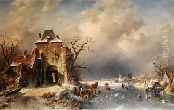 Hollandische Winterlandschaft Mit Schlittschuhlaufern Auf Dem Eis - view 1