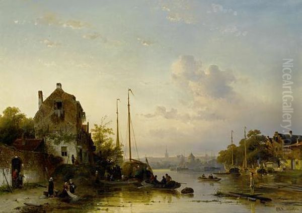 Dutch River Landscape At Sunset - view 1