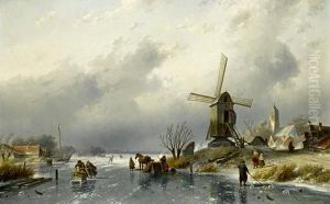 Dutch Village Scene With Figures On A Frozen Canal