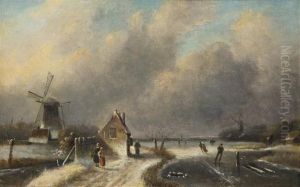 Figures Skating On A Frozen Lake by Charles Henri Leickert