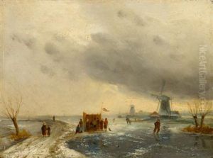Figures In A Winter Landscape With Windmills by Charles Henri Leickert