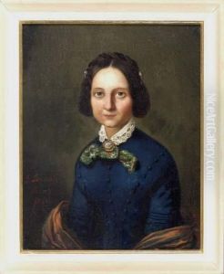 Portrait Einer Jungen, Dunkelhaarigen Dame Im Blauen Kleid, Bruststuck En Face by Joseph Leiendecker