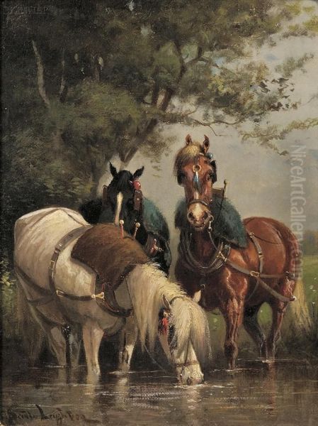 Three Cart Horses Watering At A Stream - view 1