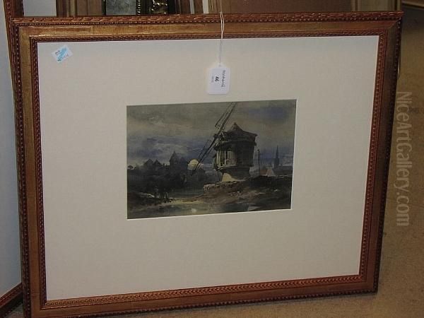 A Windmill In The Moonlight, With Figures By A River - view 1