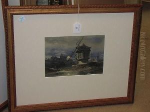 A Windmill In The Moonlight, With Figures By A River by Richard Principal Leitch