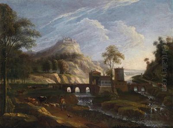Mountainous River Landscape With An Archedstone Bridge - view 1