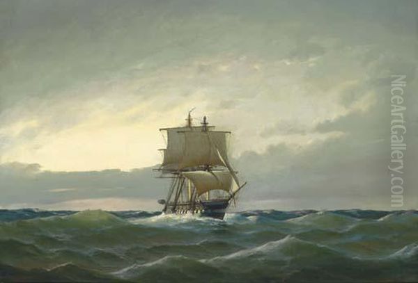 A Frigate In Open Waters In The Evening Light - view 1