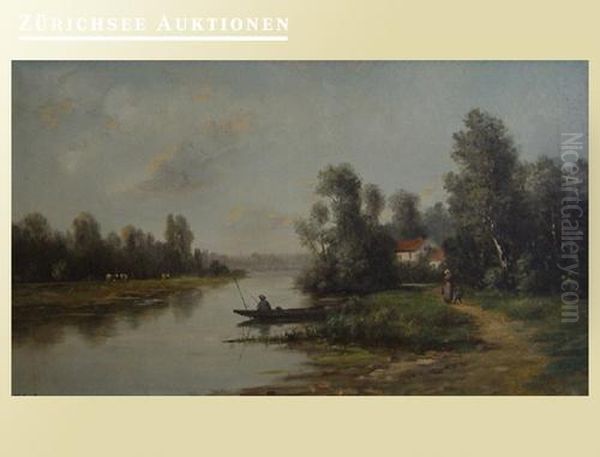 Uferlandschaft Mit Boot, Haus Undfigurenstaffage - view 1