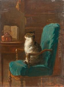 Katze Auf Stuhl In Einem Interieur. by Armand Hubert Simon Leleux