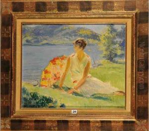 Jeune Femme A L""ombrelle Au Bord Du Lac En Ete
