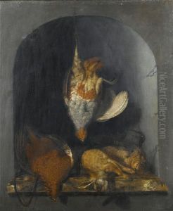 A Dead Partridge Hanging From A Nail, With Adead Pheasant, Two Hares And Hunting Paraphernalia On A Marbleledge In A Painted Stone Niche by Cornelis van Lelienbergh