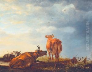 Sheep And Cows On A Meadow by Cornelis van Lelienbergh