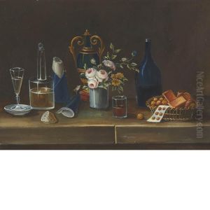 Tabletop Still Life Of Wine, Sugar, Flowers And Fruit On A Ledge
