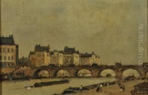 Continental River With Barges And Figures Before A Bridge