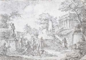 Un Parc Avec Des Nymphes Faisant Une Offrande A Une Statue D'unfaune by Pierre Lelu