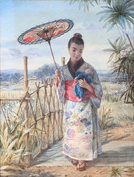 A Japanese Girl In Kimono Crossing Abridge - view 1