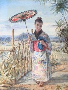 A Japanese Girl In Kimono Crossing Abridge by Alphonse Auguste J. Lemaire