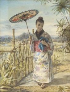 A Japanese Girl Crossing A Bridge, With A Village Beyond by Alphonse Auguste J. Lemaire
