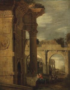 An Architectural Capriccio Of Roman Ruins, With The Rest On The Flight To Egypt by Jean Lemaire