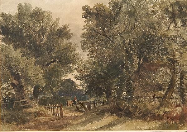 Figure And Cattle On A Woodland Path - view 1