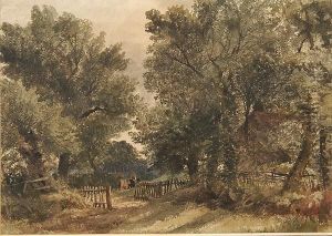 Figure And Cattle On A Woodland Path by Robert Leman
