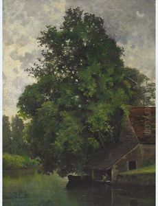 Figures At A Boathouse by Emile Lemarie Des Landelles