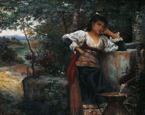 Jeune Femme Pres De La Fontaine by Francois Fernand J. Lematte