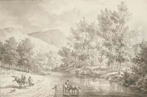 Un Paysage De Riviere Avec Des Figures Et Des Chevaux Passant Ungue by Olivier Lemay