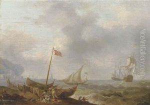 A Mediterranean Coastal Scene With Sailing Boats And Fishermen Onthe Beach, Two Three-masters In Rough Waters And A Harbourbeyond by Olivier Lemay