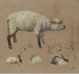 A Lamb In Profile To The Right And Seven Studies Of Rabbits by Carolus Lemeunier
