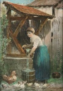 Woman At The Well With Chickens by Theophile Victor Emile Lemmens