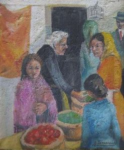 Market Scene. Oil And Sand On Canvas. Signed. - At The Lower Corners Small Part With Loss Of Canvas. Small Parts With Loss Of Colour. Slight Craquele by Lucie Lemonnier