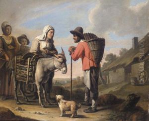 A Peasant Family With A Donkey And A Dog Before A Cottage