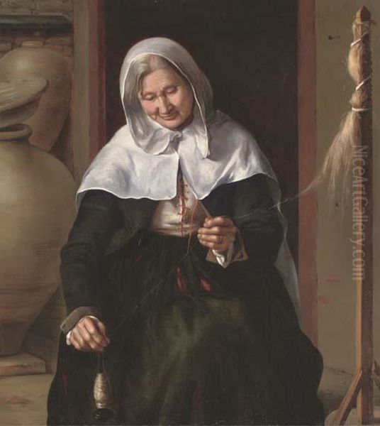 An Old Woman Spinning Wool In An Interior - view 1