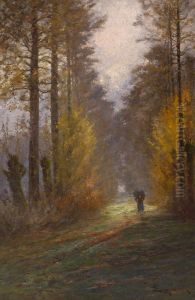Herbstlicher Waldweg Mit Reisigsammlerin
