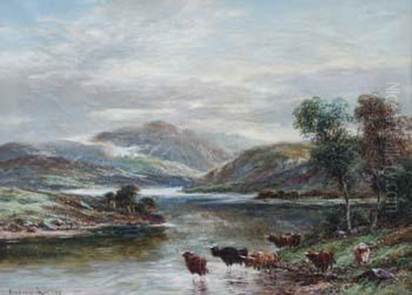 HighlandRiver Scene With Cattle Watering, - view 1