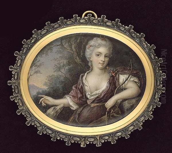 A Lady In The Guise Of Diana The Huntress, Wearing White Underdress And Plum-coloured Open Robe, Gold Belt, A Red Ribbon And Gold Crescent Moon In Her Powdered Hair, A Bow In Her Hand, A Dog By Her Right Hand, Landscape Background - view 1