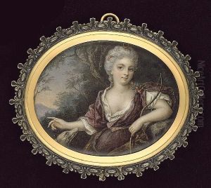 A Lady In The Guise Of Diana The Huntress, Wearing White Underdress And Plum-coloured Open Robe, Gold Belt, A Red Ribbon And Gold Crescent Moon In Her Powdered Hair, A Bow In Her Hand, A Dog By Her Right Hand, Landscape Background by Andrew Benjamin Lens