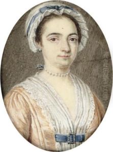 A Lady, In Orange Dress With Blue Ribbon, A Cap In Her Dark Hair, Pearl Choker; And A Gentleman In Purple Coat, Powdered Wig