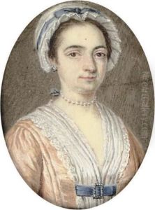 A Lady, In Pale Orange Dress With Blue Ribbon, A Cap In Her Dark Hair, Pearl Choker; And A Gentleman In Purple Coat, Powdered Wig
